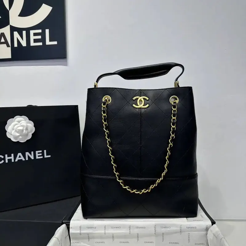 Chanel AS5636 Shopping Bag Suede Calfskin Shiny Lambskin Black