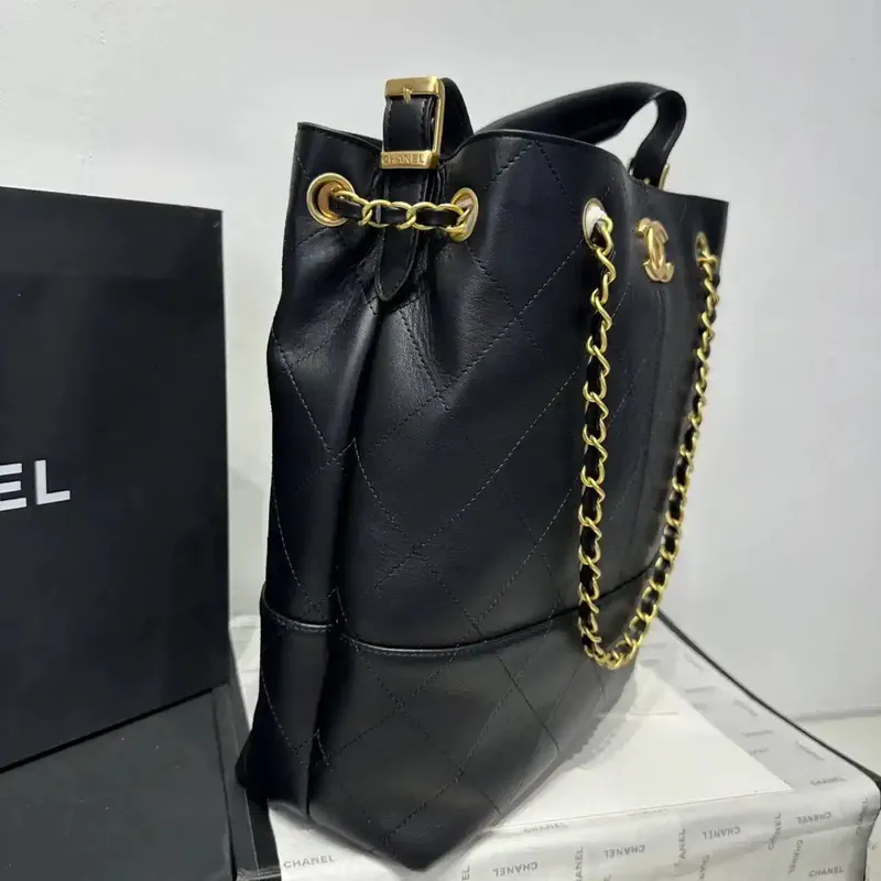 Chanel AS5636 Shopping Bag Suede Calfskin Shiny Lambskin Black