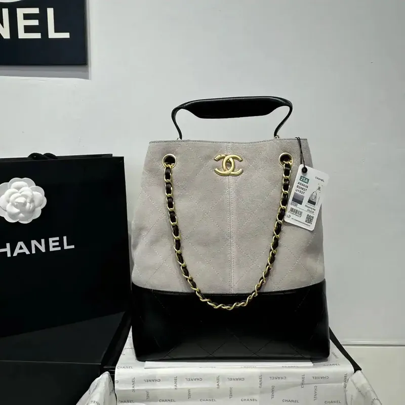Chanel AS5636 Shopping Bag Suede Calfskin Shiny Lambskin Black & Gray