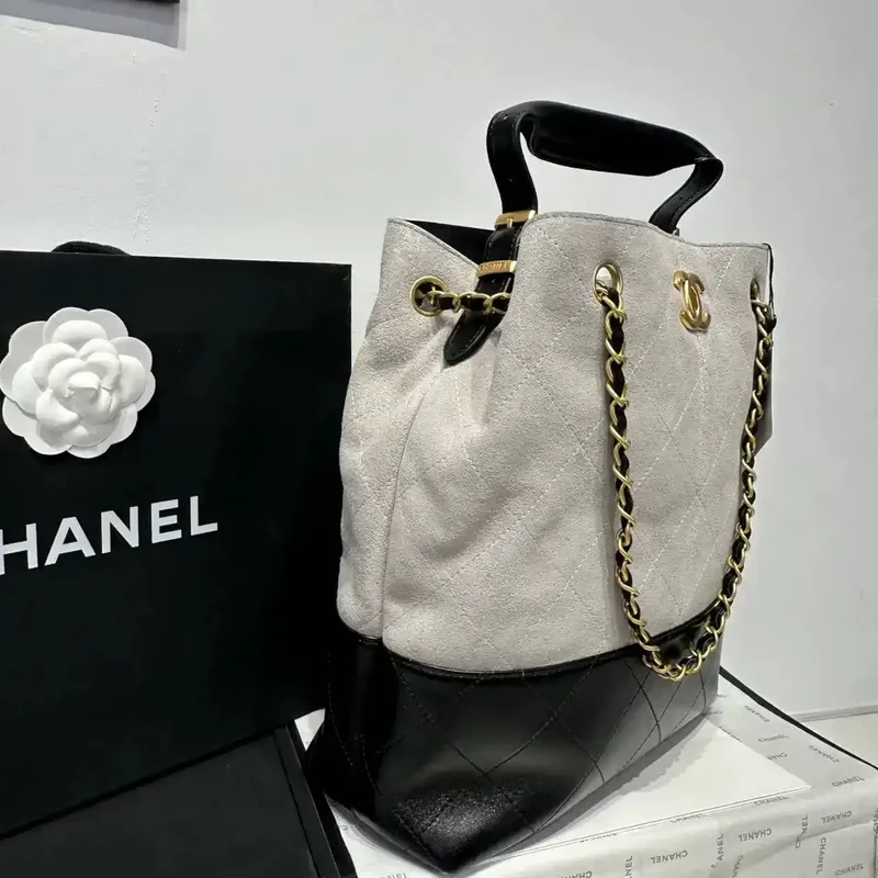 Chanel AS5636 Shopping Bag Suede Calfskin Shiny Lambskin Black & Gray