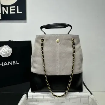 Chanel AS5636 Shopping Bag Suede Calfskin Shiny Lambskin Black & Gray