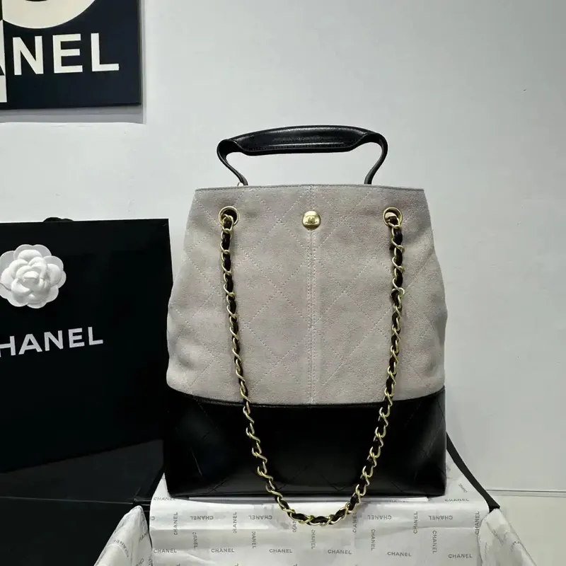Chanel AS5636 Shopping Bag Suede Calfskin Shiny Lambskin Black & Gray