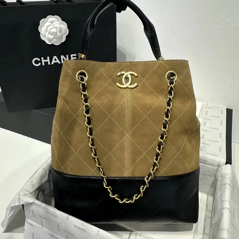 Chanel AS5636 Shopping Bag Suede Calfskin Shiny Lambskin Black & Brown