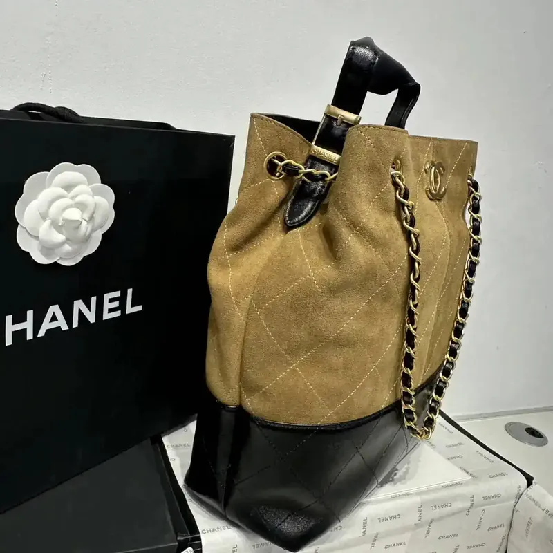 Chanel AS5636 Shopping Bag Suede Calfskin Shiny Lambskin Black & Brown