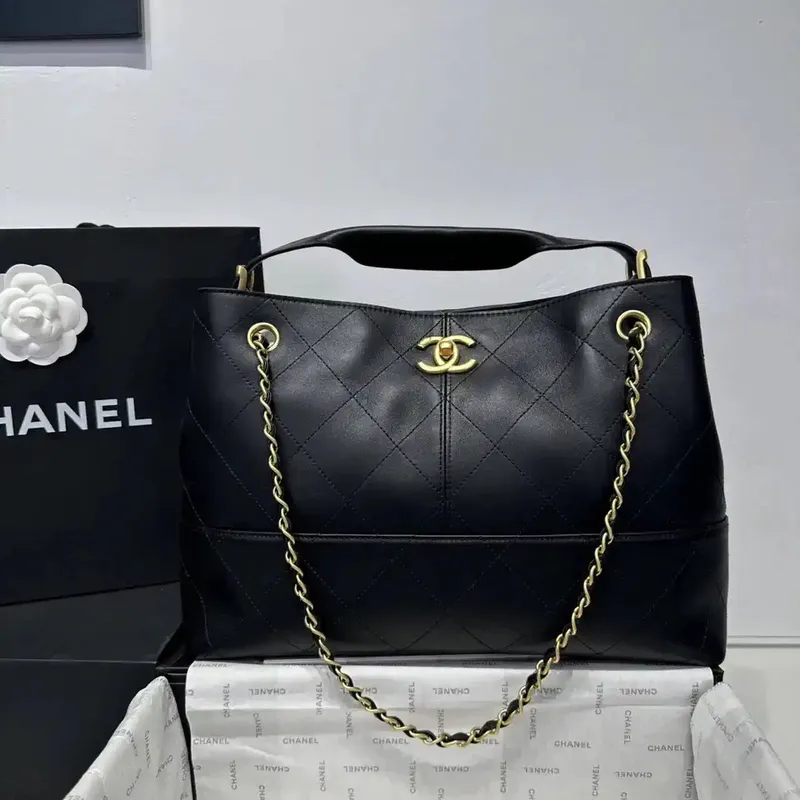 Chanel AS5634 Small Shopping Bag Suede Calfskin Shiny Lambskin Black