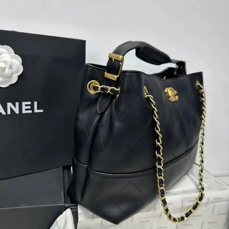 Chanel AS5634 Small Shopping Bag Suede Calfskin Shiny Lambskin Black
