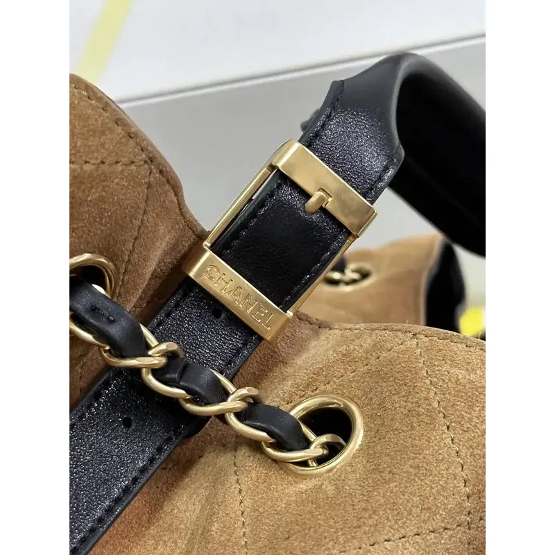 Chanel AS5657 Shopping Bag Suede Calfskin Shiny Lambskin Beige & Black