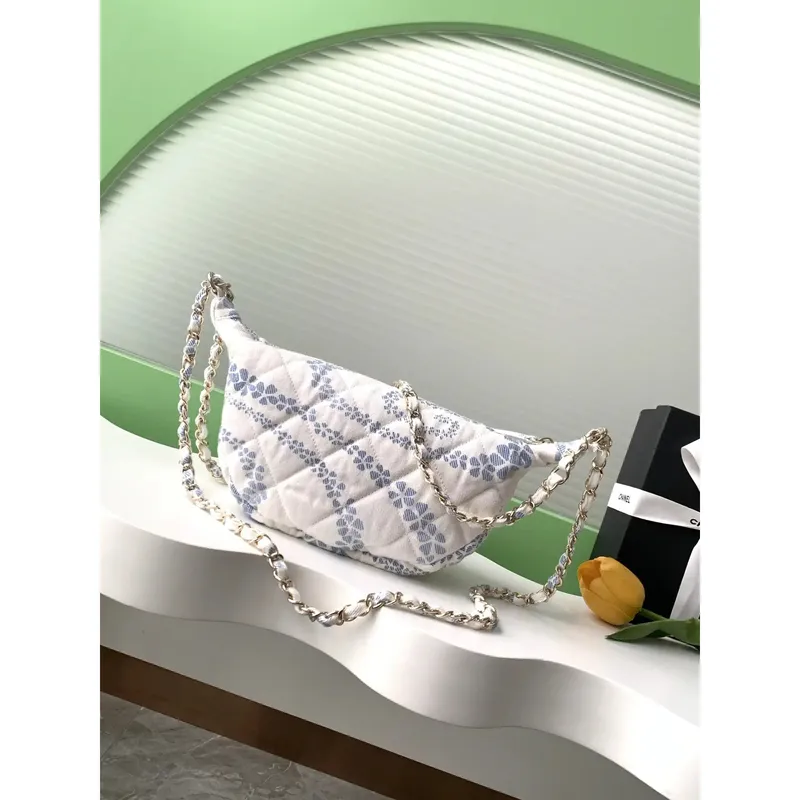 Chanel AS5431 Large Hobo Bag Printed Denim Light Blue & White