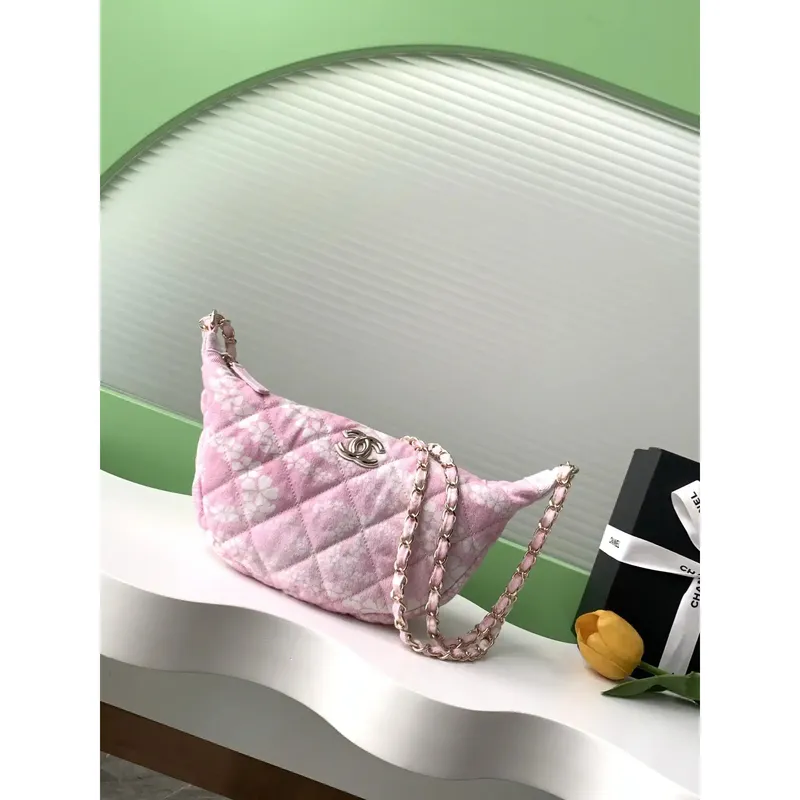 Chanel AS5431 Large Hobo Bag Printed Denim Light Pink & White