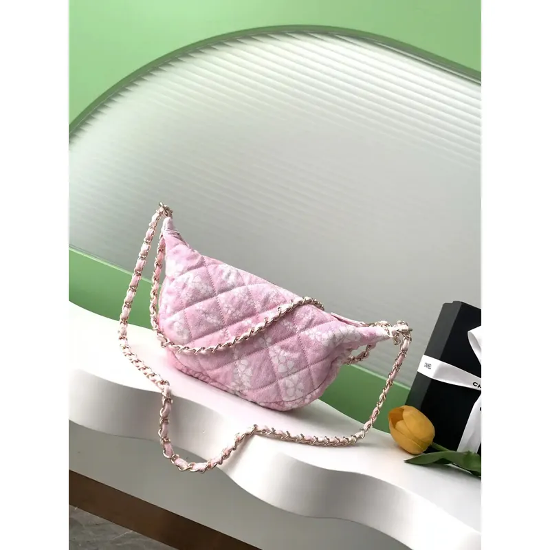 Chanel AS5431 Large Hobo Bag Printed Denim Light Pink & White