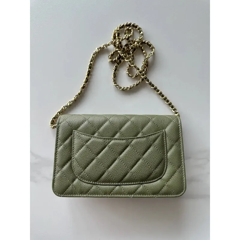 Chanel AP4241 Classic Wallet On Chain Grained Shiny Calfskin bronze green