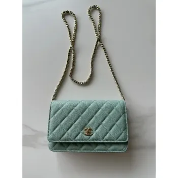 Chanel AP4241 Classic Wallet On Chain Grained Shiny Calfskin Light Blue