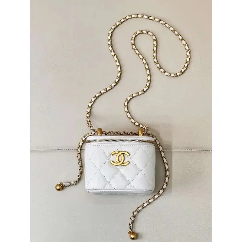Chanel Small Vanity with Chain Shiny Calfskin White AP2292 Gold