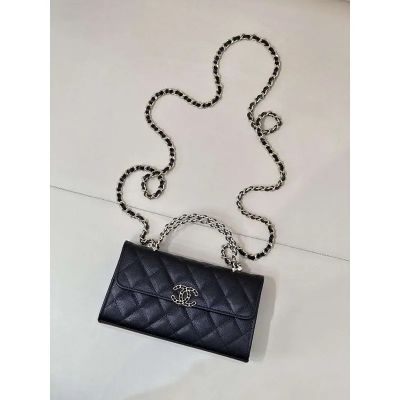 Chanel AP3238 Phone Holder with Chain Grained Shiny Calfskin Black