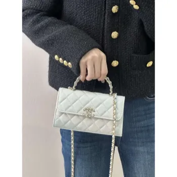 Chanel AP3238 Phone Holder with Chain Grained Shiny Calfskin White