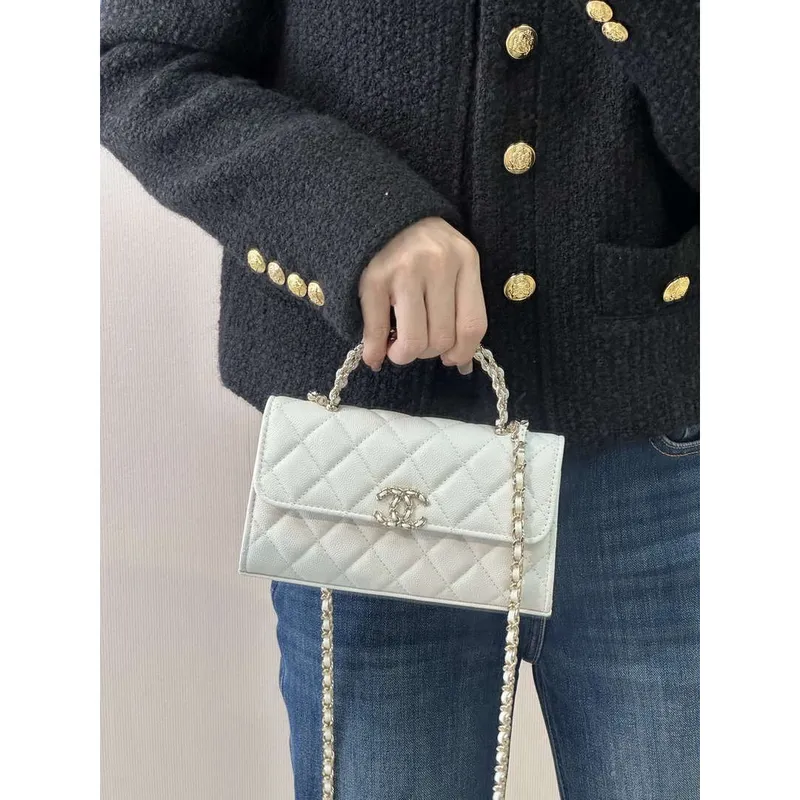 Chanel AP3238 Phone Holder with Chain Grained Shiny Calfskin White