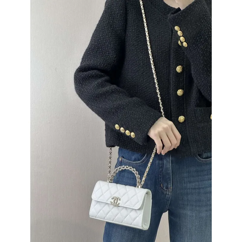 Chanel AP3238 Phone Holder with Chain Grained Shiny Calfskin White