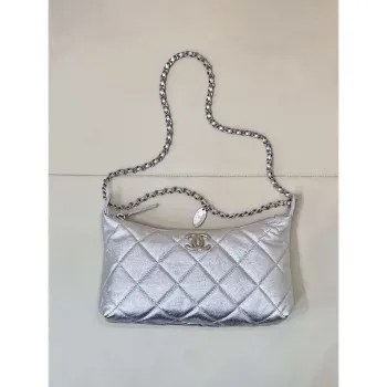 Chanel 25SS AS5528 Hobo Handbag in Lambskin Silver