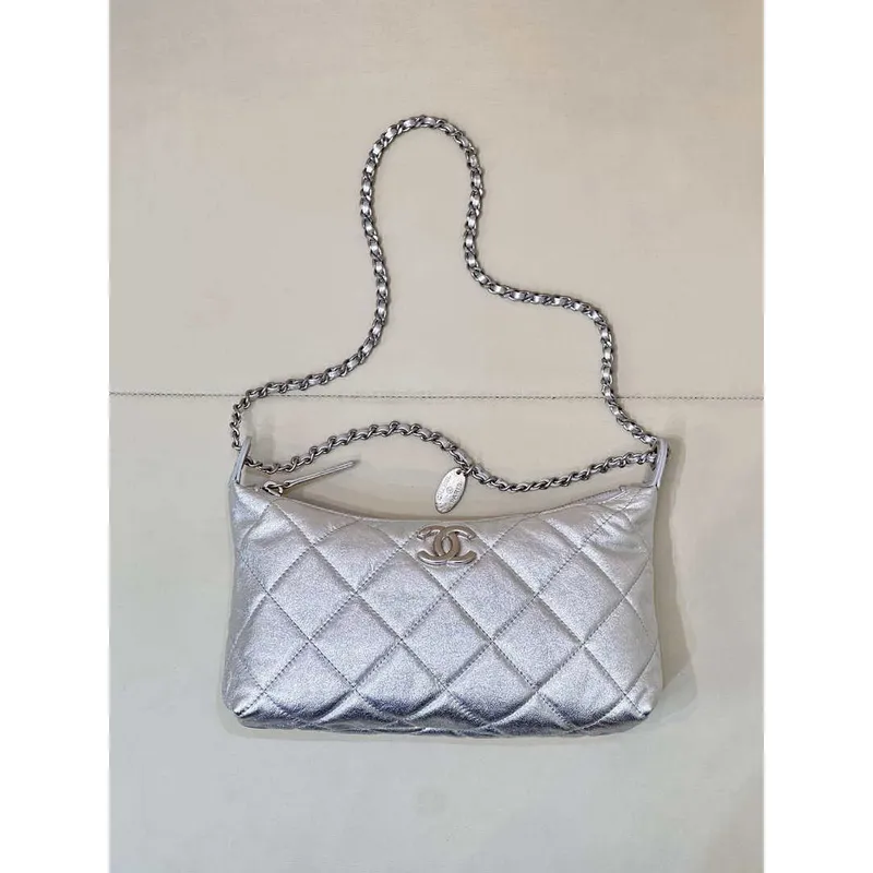 Chanel 25SS AS5528 Hobo Handbag in Lambskin Silver