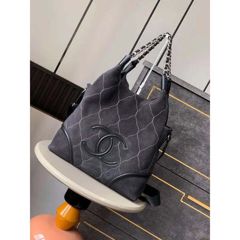 Chanel A88991 Hobo Bag Suede & Silver Tone Metal Black