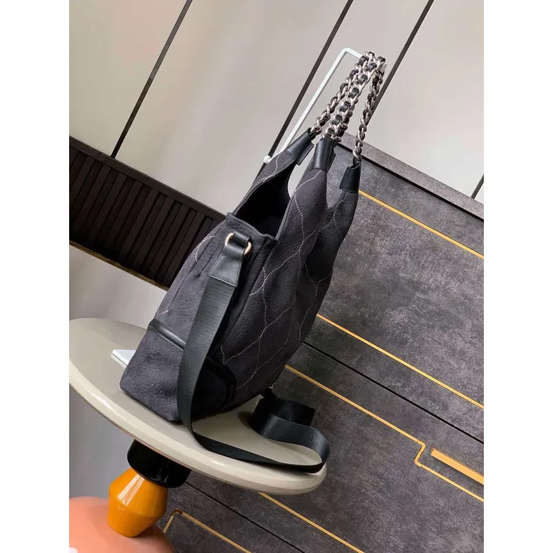 Chanel A88991 Hobo Bag Suede & Silver Tone Metal Black