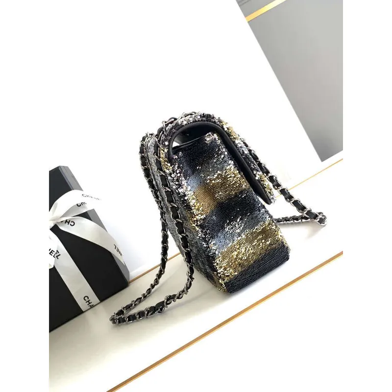 Chanel A01112 Flap Classic 11.12 Handbag 24S letter shape Black shiny sequin