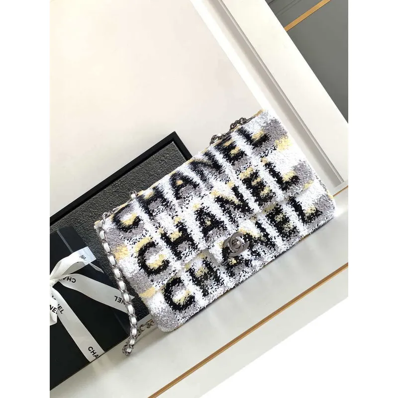 Chanel A01112 Flap Classic 11.12 Handbag 24S letter shape Silver shiny sequin