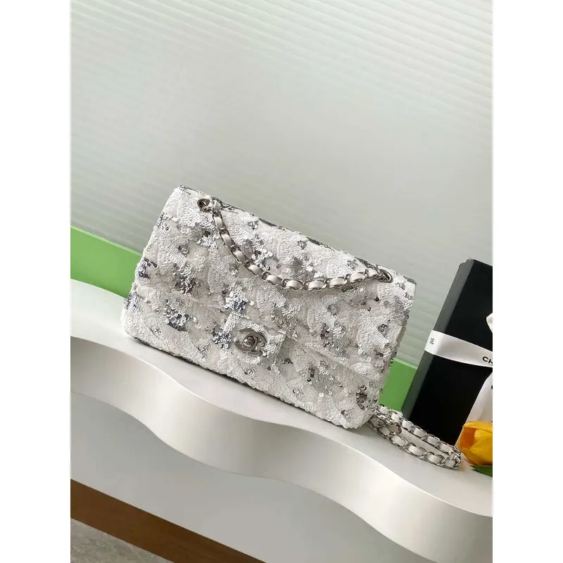 Chanel A01112 Flap Classic 11.12 Handbag Silver and sequined beads