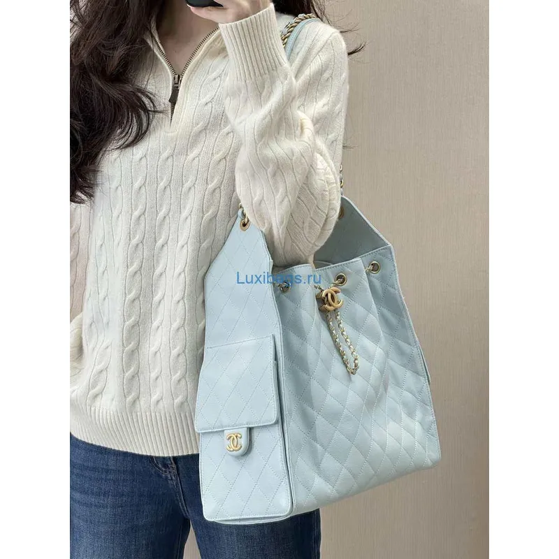 Chanel AS5311 Large Hobo Shiny Calfskin & Gold Tone Metal Blue