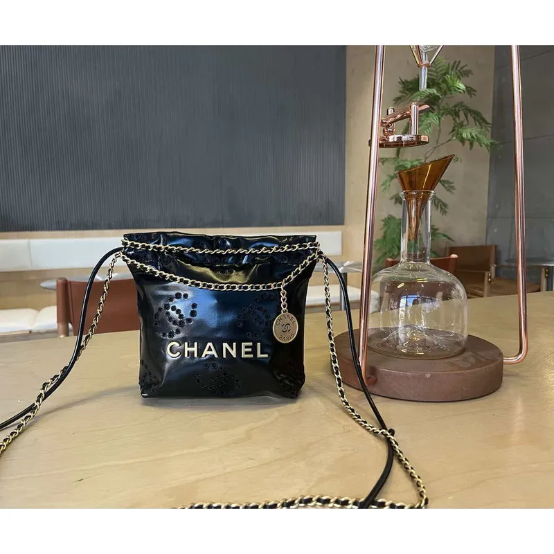 Chanel 22 Mini Handbag  Shiny Calfskin & Gold Tone Metal AS3980 Black