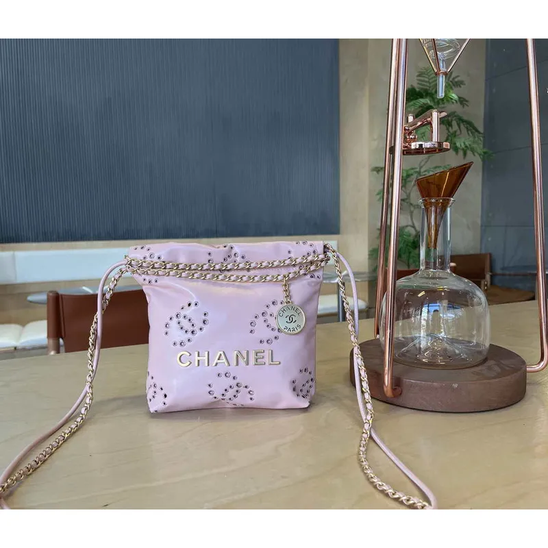 Chanel 22 Mini Handbag  Shiny Calfskin & Gold Tone Metal AS3980 Pink