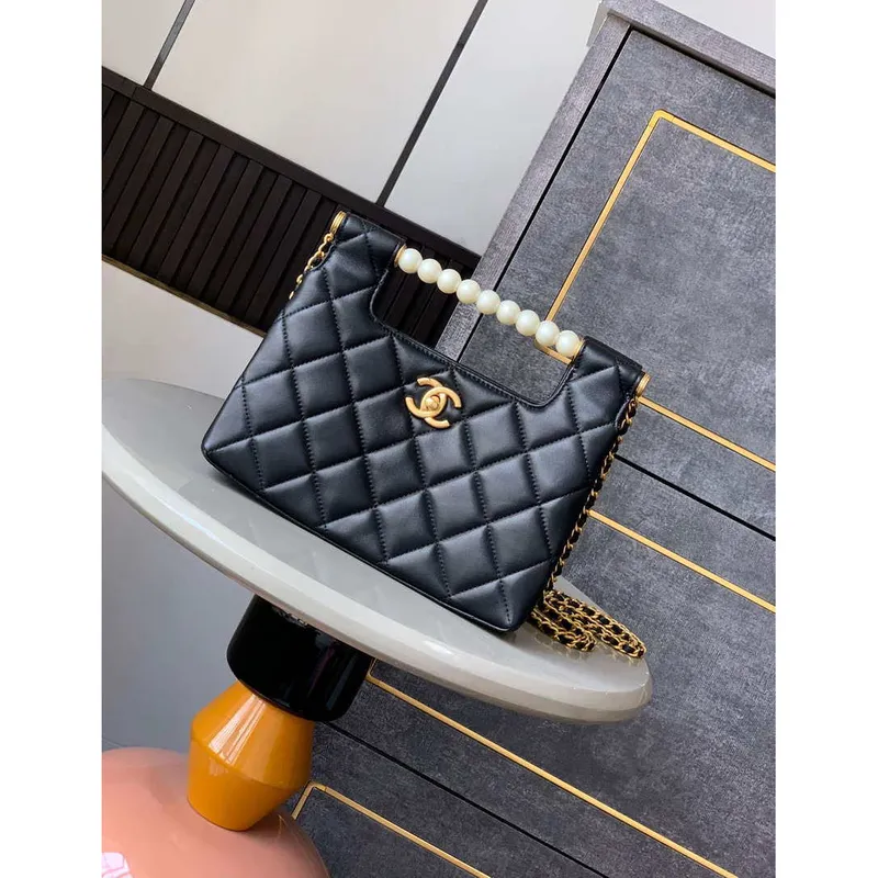 Chanel AS5413 25P Limited Edition Pearl Small Tote  Bag Black Lambskin