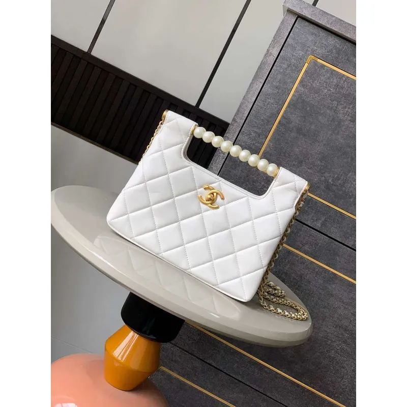 Chanel AS5413 25P Limited Edition Pearl Small Tote  Bag White Lambskin