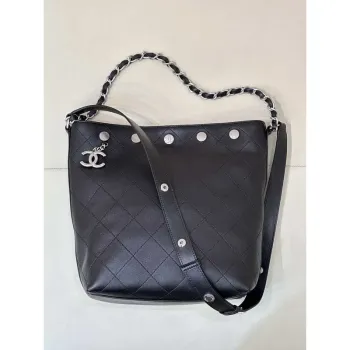 Chanel 25SS Large Bucket Bag Shiny Lambskin & Silver Tone Metal AS5406 Black