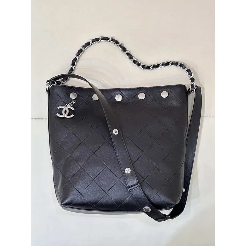 Chanel 25SS Large Bucket Bag Shiny Lambskin & Silver Tone Metal AS5406 Black