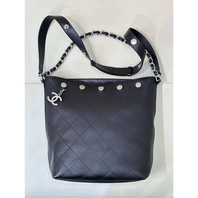 Chanel 25SS Large Bucket Bag Shiny Lambskin & Silver Tone Metal AS5406 Black