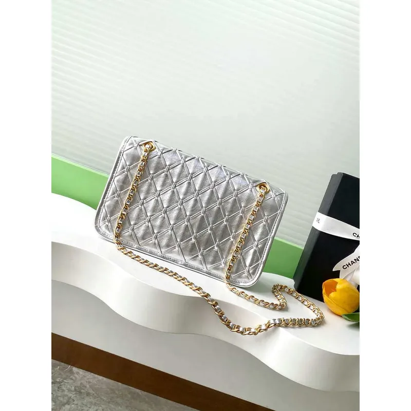 Chanel 25C Flap Bag Metallized Braided Calfskin & Gold Tone AS4795 Silver