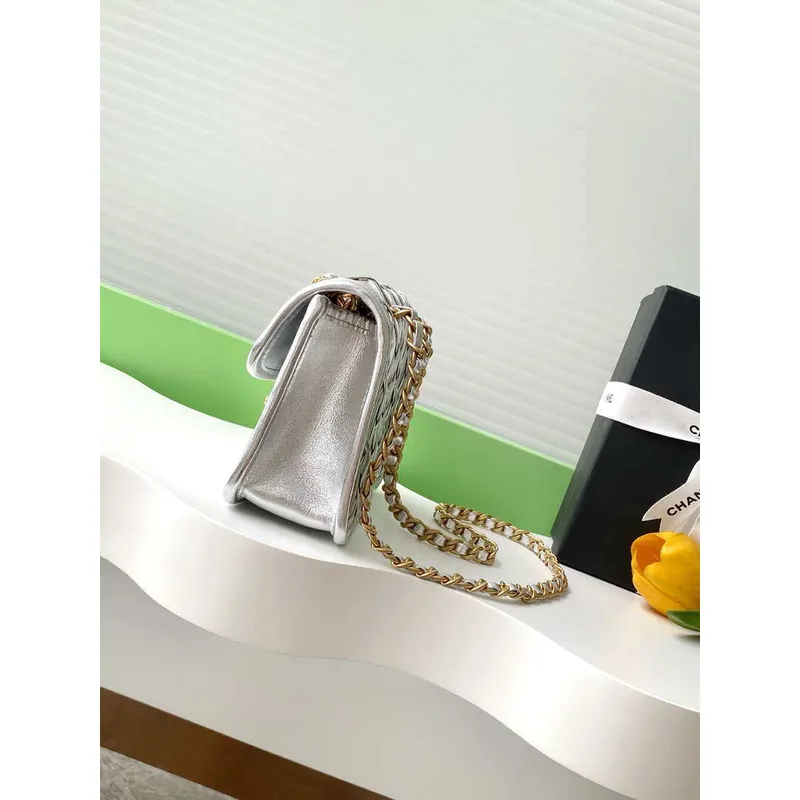 Chanel 25C Mini Flap Bag Metallized Braided Calfskin & Gold Tone AS4797 Silver