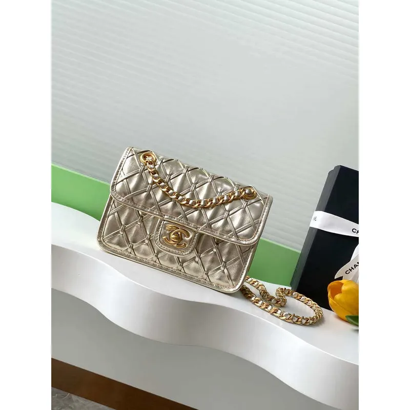Chanel 25C Mini Flap Bag Metallized Braided Calfskin & Gold Tone AS4797 Gold