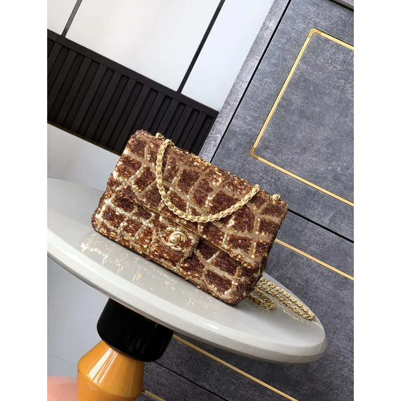 Chanel AS1116 25C Mini Flap Bag 20cm A69900 White dense sequins Gold