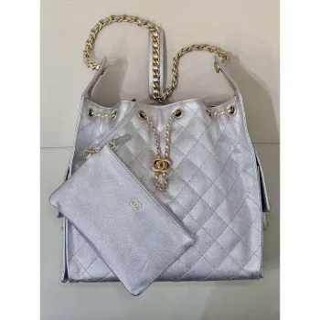 Chanel AS5311 Large Hobo Shiny Calfskin & Gold Tone Metal Silver