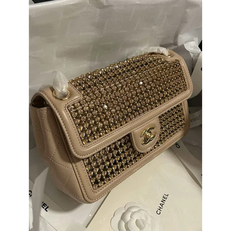 Chanel A8003 25p Evening Bag Lambskin Rhinestones Pearls A01112 Apricot Gold