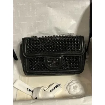 Chanel A8003 25p Evening Bag Lambskin Rhinestones Pearls A01112 Black