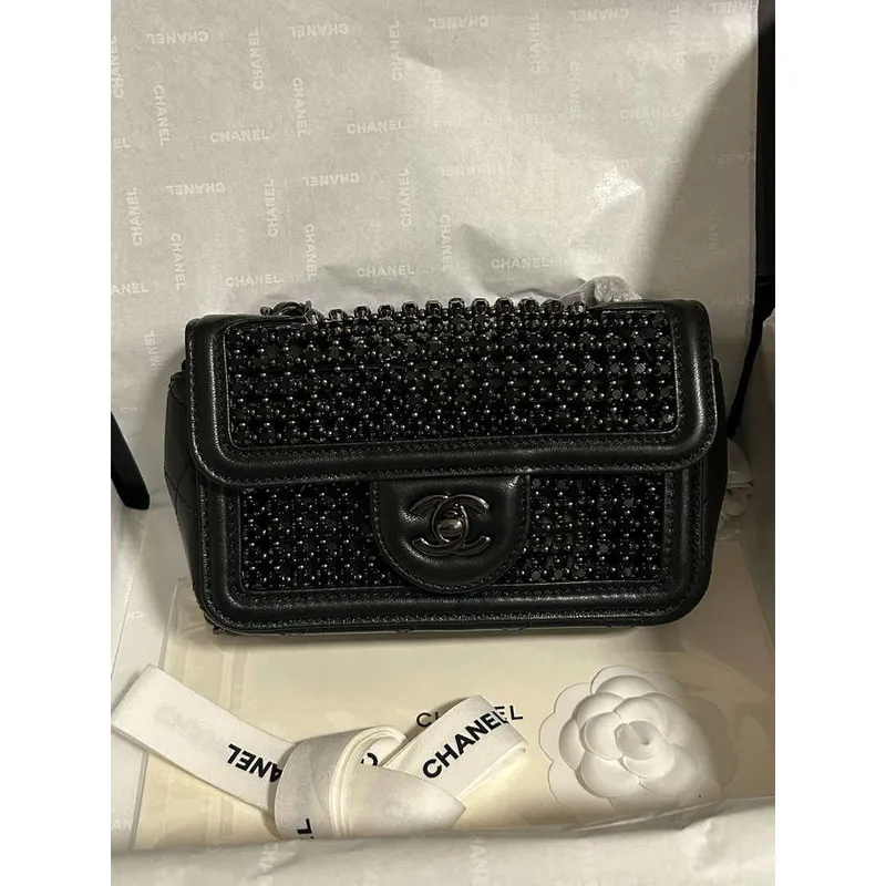 Chanel A8003 25p Evening Bag Lambskin Rhinestones Pearls A01112 Black