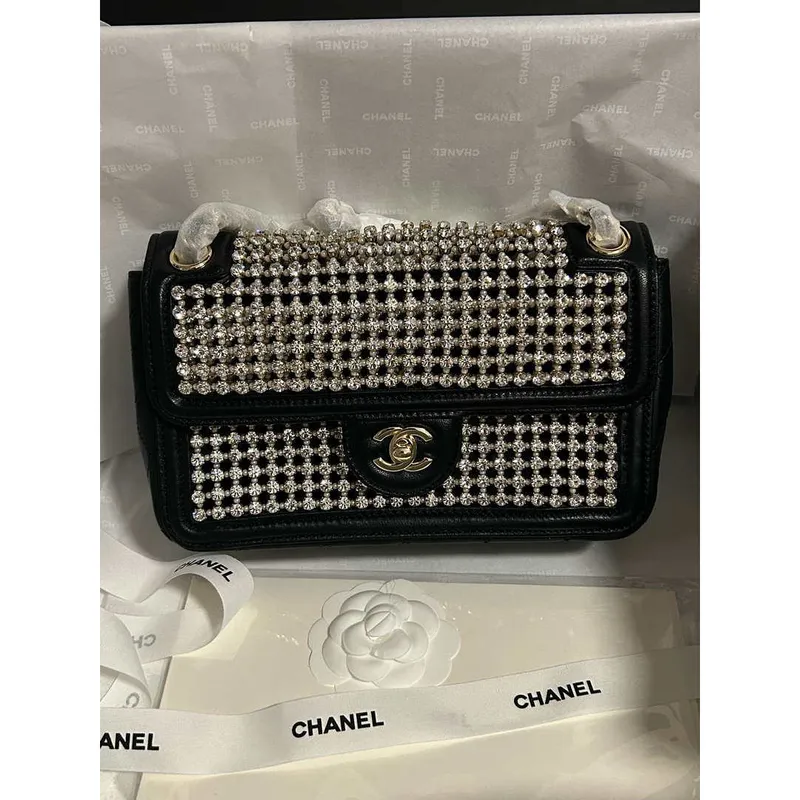 Chanel A8003 25p Evening Bag Lambskin Rhinestones Pearls A01112 White and Black