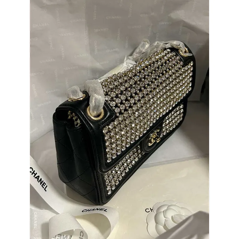 Chanel A8003 25p Evening Bag Lambskin Rhinestones Pearls A01112 White and Black