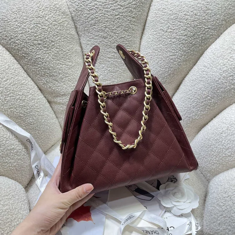 Chanel AS5293 Small Hobo Calfskin & Gold Tone Metal Wine Red