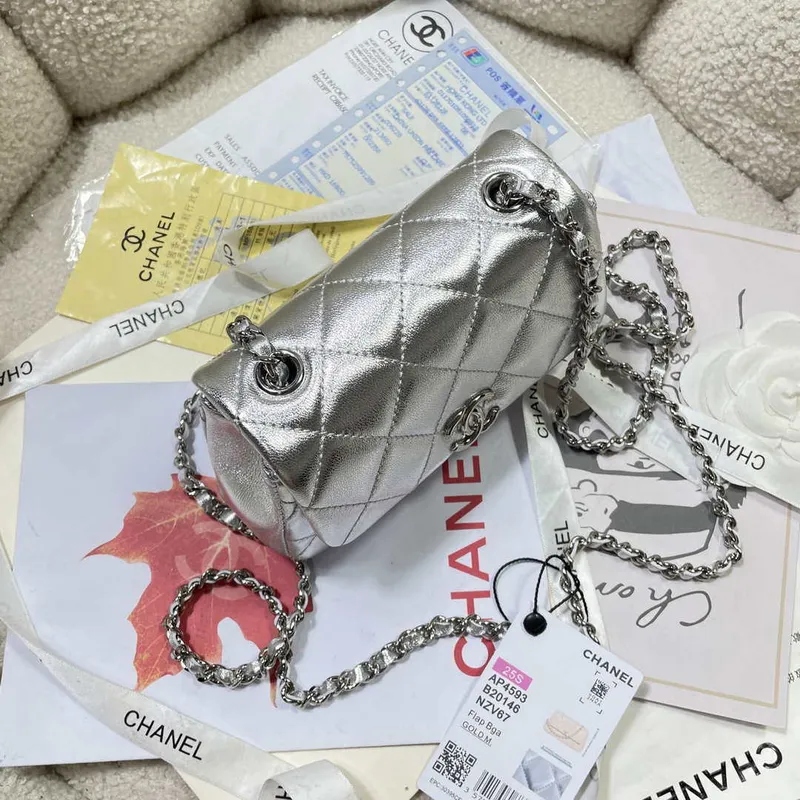 Chanel AP4593 25S Mini Flap Silver Lambskin with Silver Hardware