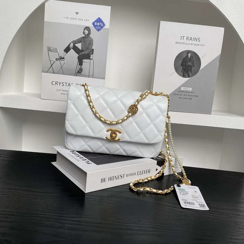 Chanel 25P AS5353 Flap Bag Shiny Lambskin  Imitation Pearls & Gold Tone Metal White