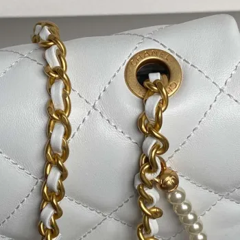 Chanel 25P AS5353 Flap Bag Shiny Lambskin  Imitation Pearls & Gold Tone Metal White